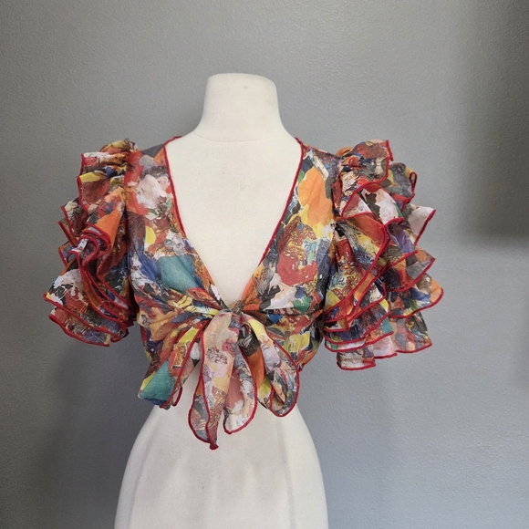 Vintage Saks Fifth Avenue Colorful Ruffle Sleeve Blouse - Picture 5 of 9